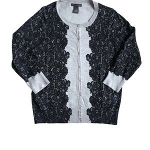 Grace Elements 3/4 Sleeve Cardigan Gray & Black with Lace Pattern XL Sweater